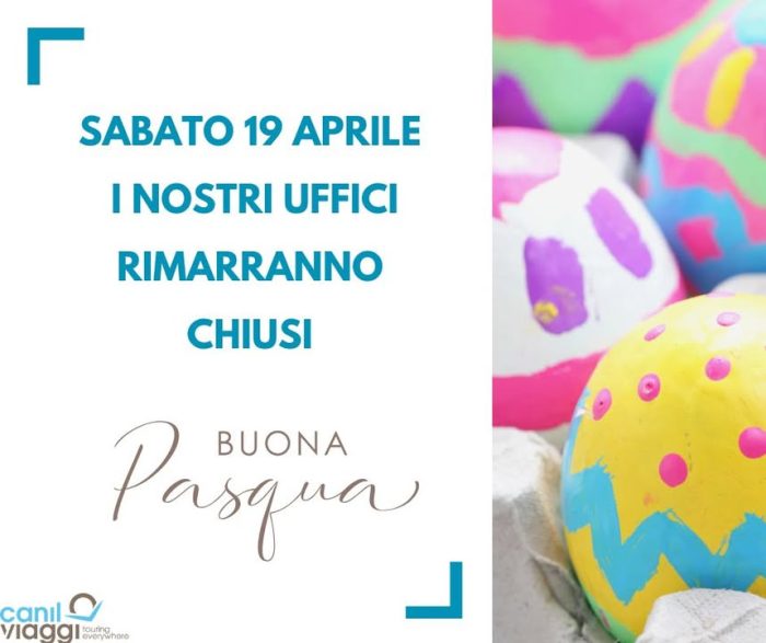 📣 Avviso di chiusura uffici

Sabato 19 aprile i nostri uffici resteranno chiusi per la pausa pasquale.

Ci rivediamo martedì, pronti a ripartire con nuovi viaggi e tanta ispirazione! 🌍✈️

Auguriamo a tutti una Pasqua serena, fatta di momenti speciali e sorrisi sinceri 💛🐣
