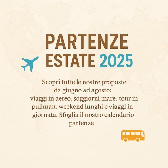 📅 È pronto il nostro CALENDARIO ESTATE 2025
Un’estate intera da vivere, una partenza alla volta.

Abbiamo raccolto in un unico calendario tutte le nostre proposte:
✈️ viaggi in aereo verso nuove destinazioni
🌊 soggiorni mare per staccare la spina
🚌 tour in pullman tra natura, borghi e città d’arte
🌄 weekend lunghi e gite in giornata per chi ama partire spesso

Giugno, luglio, agosto: ogni mese ha le sue mete, ogni settimana una nuova occasione per partire.

➡️ Sfoglia il carosello, consulta il calendario e scegli il viaggio che fa per te.
Organizzati in anticipo, prenota il tuo posto, e intanto… sogna.

📍 Il momento giusto per partire è segnato sul nostro calendario.
Tu quale data scegli?

Info & contatti
☎ 042430068
📧 info@canilviaggi.it
BUON VIAGGIO !!!
#canilviaggi #emozionicherestano