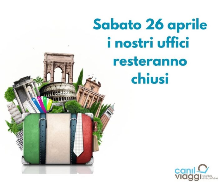 📌 Avviso importante
Sabato 26 aprile i nostri uffici resteranno chiusi.
Torneremo operativi lunedì con la solita carica e tanti nuovi viaggi da sognare! 🌍✈️