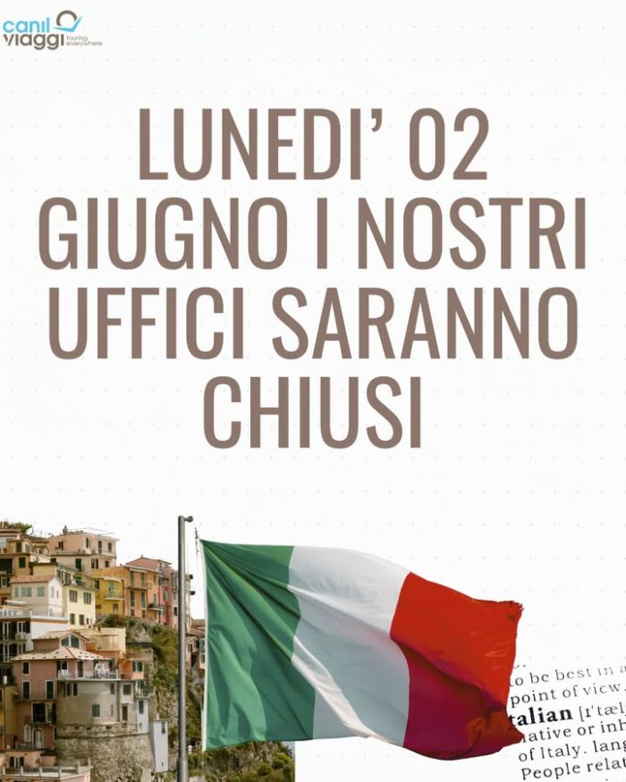 🇮🇹 CHIUSURA UFFICI – 2 GIUGNO 🇮🇹

In occasione della Festa della Repubblica, i nostri uffici resteranno chiusi lunedì 2 giugno.

📆 Riapriremo regolarmente martedì 3 giugno con i consueti orari.