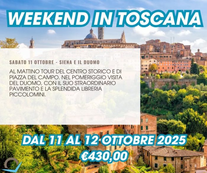 WEEKEND IN TOSCANA🚂
📅 11 – 12 ottobre 2025
💶 Quota: €430,00
Un fine settimana tra storia, arte e panorami mozzafiato!
📍 Sabato 11 ottobre
Arrivo a Siena, visita guidata del centro storico e del celebre Duomo, autentico capolavoro del gotico italiano.
🚂 Domenica 12 ottobre
Un’esperienza unica a bordo del treno storico, attraversando le suggestive Crete Senesi, il Parco della Val d’Orcia e le terre del prestigioso Brunello di Montalcino.
👉 La quota comprende:
✔️ Viaggio in pullman gran turismo
✔️ Sistemazione in hotel 3*
✔️ Pranzi in ristorante
✔️ Guide locali
✔️ Ingresso al Duomo di Siena
✔️ Escursione in treno storico
✔️ Accompagnatore
✔️ Assicurazione medico bagaglio
📞 Info e prenotazioni in agenzia – posti limitati!
👉 https://www.canilviaggi.it/prodotto/siena-il-pavimento-del-duomo-e-il-treno-storico/
Per info e costi, contattaci!
Info & contatti
☎ 042430068 - anche WHATAPP
📧 info@canilviaggi.it
BUON VIAGGIO !!!
